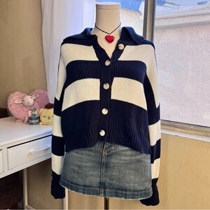 Chunky ribbed knit striped button front navy & white cardigan sweater size M